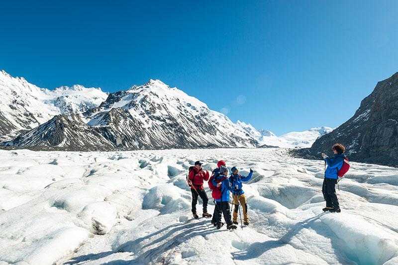 A group taking a photo while on Mt. Cook Glacier Guiding