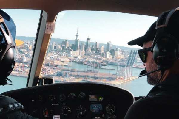 Flying towards Auckland City in a Heletranz Helicopter