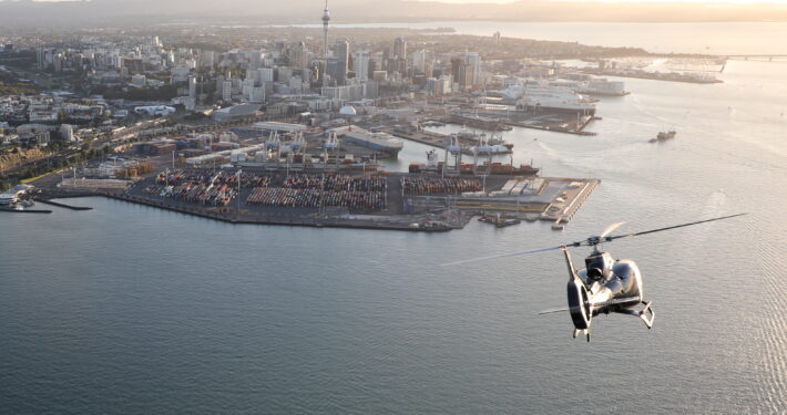 A scenic view of the helicopter above Auckland City