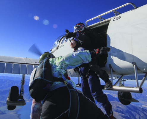 Skydivers as they jump from the plane.